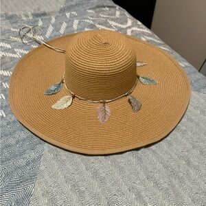 Elegant Tan Sun Hat with Leaf Accents